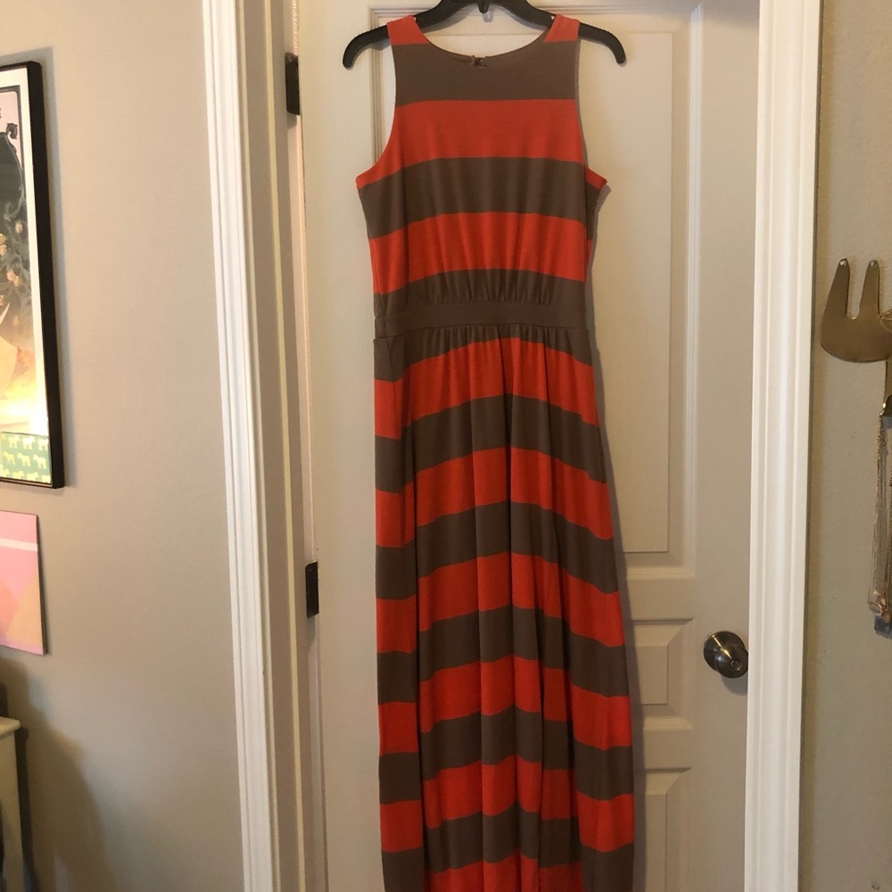 Coral and olive striped tank dress